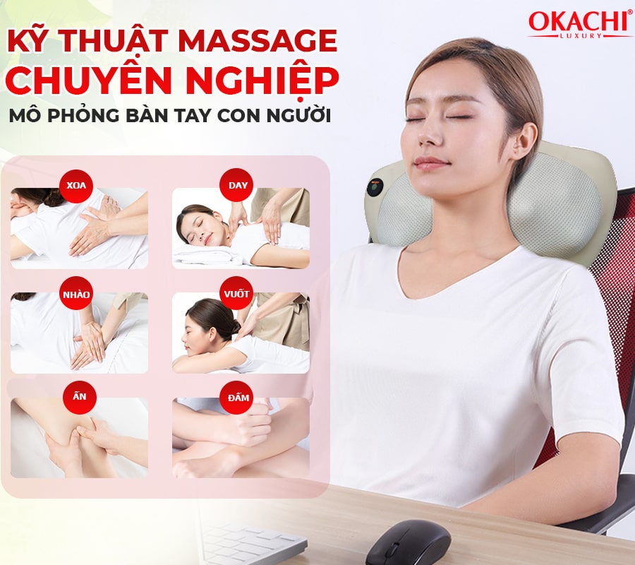 Gối massage hồng ngoại đau vai cổ lưng Shiatsu OKACHI JP-568E (Pin sạc)