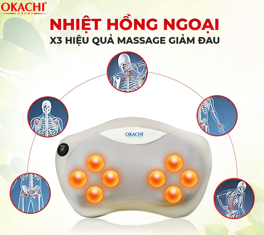 Gối massage hồng ngoại đau vai cổ lưng Shiatsu OKACHI JP-568E (Pin sạc)