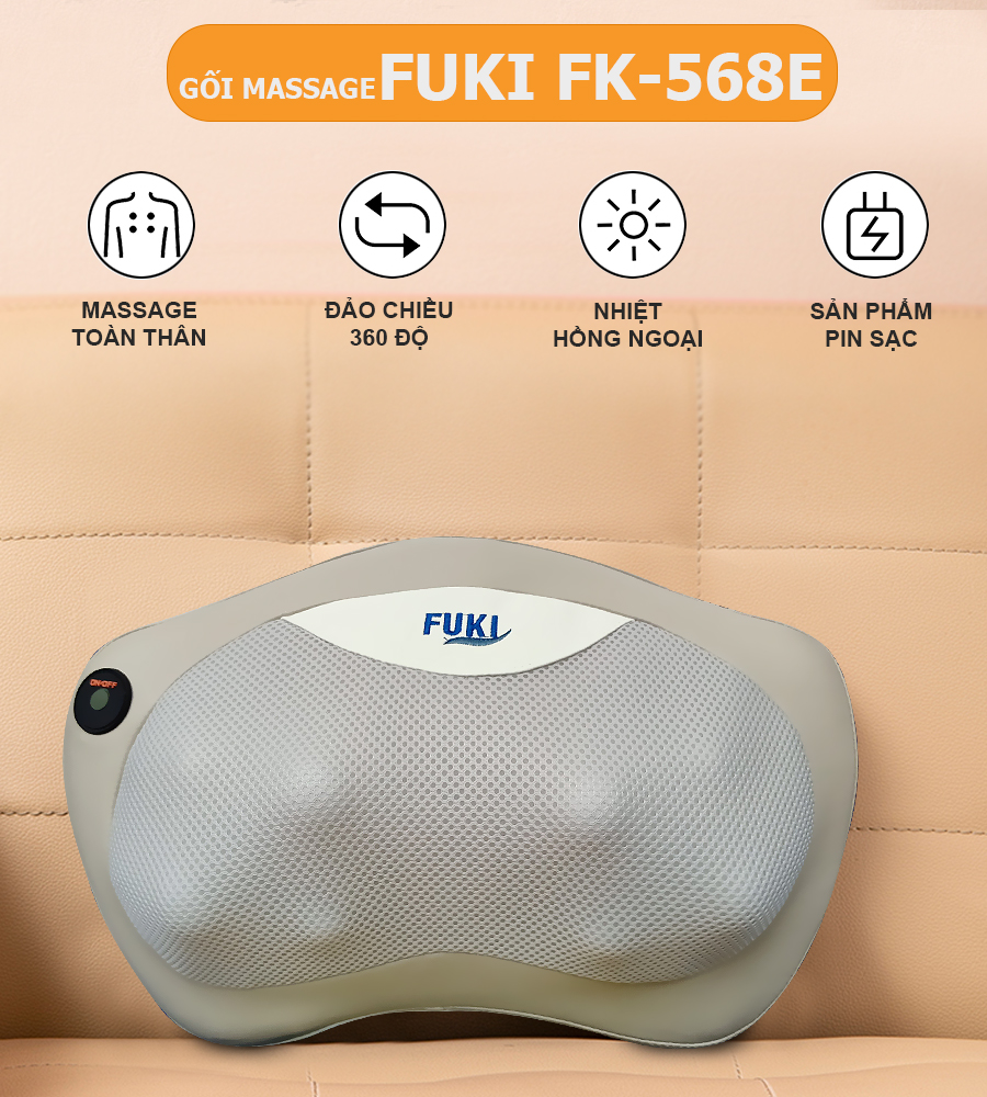 Gối massage hồng ngoại đau vai cổ lưng Shiatsu Fuki FK-568E (Pin sạc)