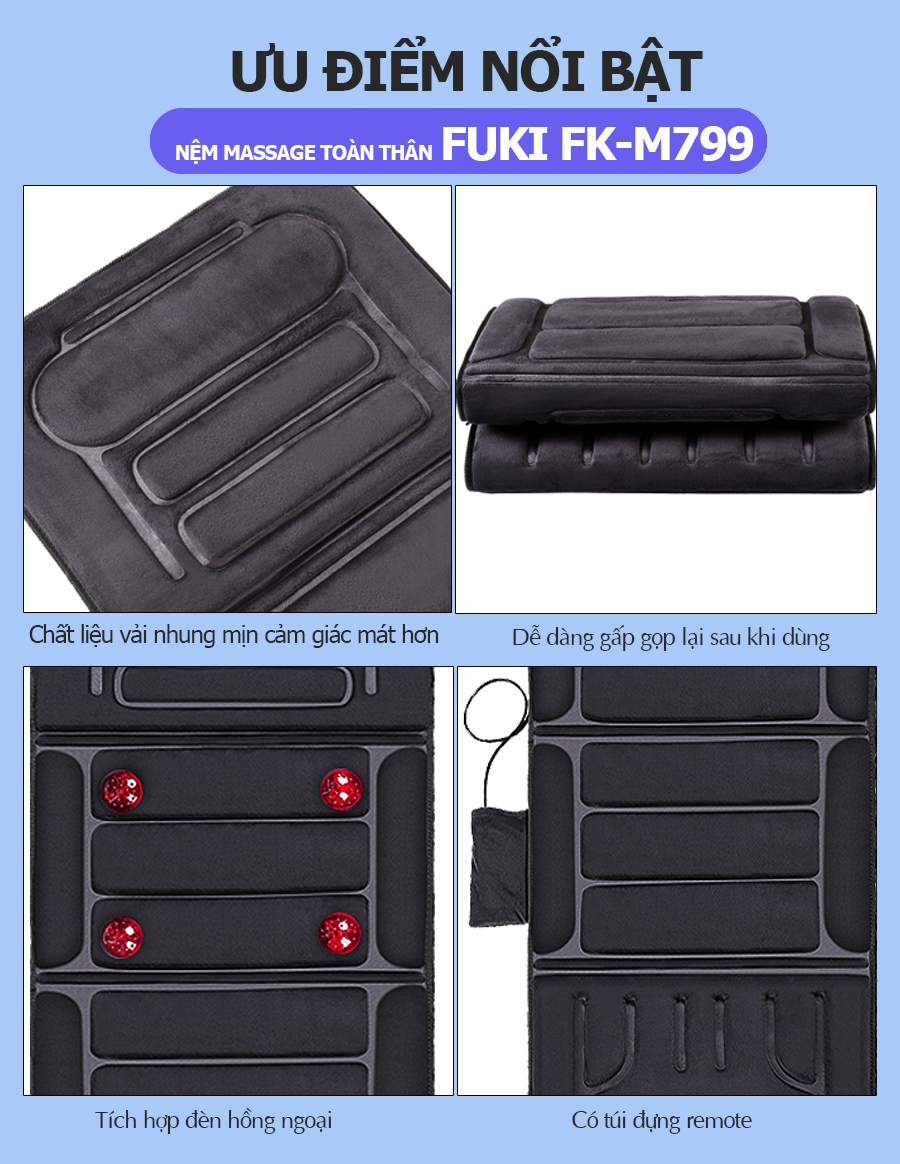 Nệm massage toàn thân nhiệt và đèn hồng ngoại Fuki Japan FK-M799 - màu đen