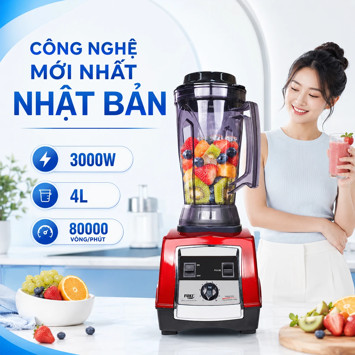 Máy xay sinh tố đậu nành công nghiệp Fuki 3000W FK-3000 - màu đỏ