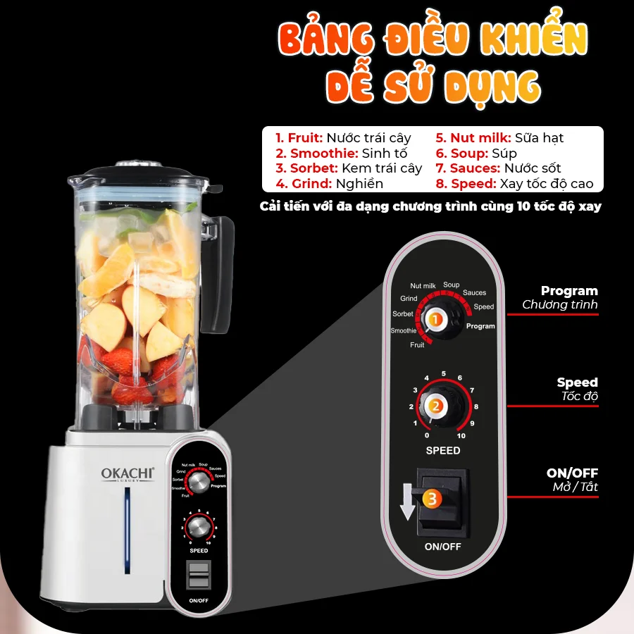 Bảng điều khiển máy xay OKACHI JP-B22 trắng