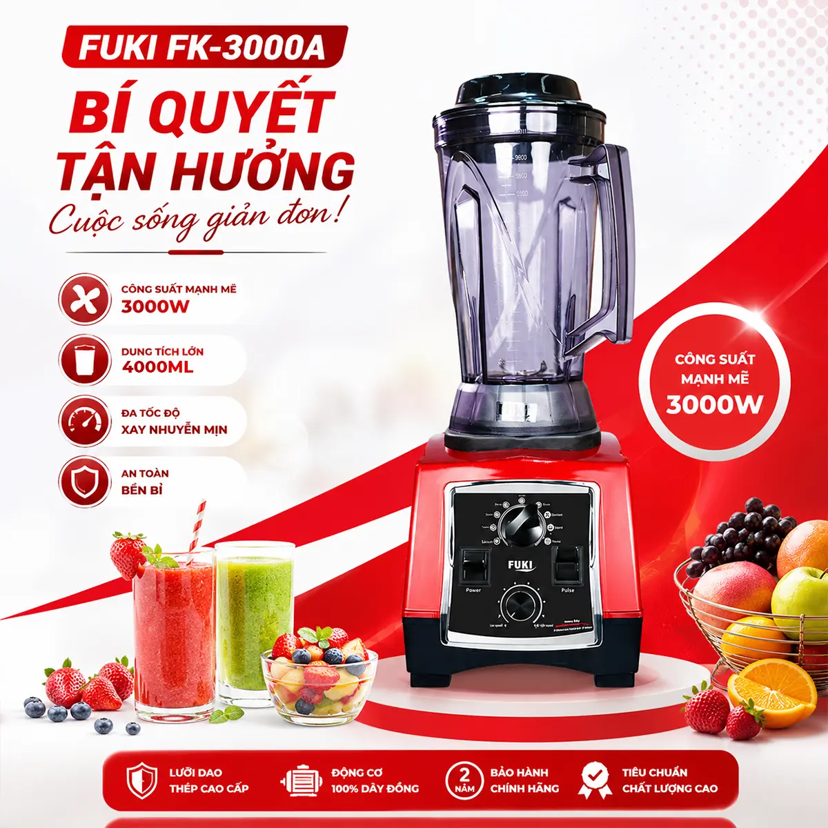máy xay sinh tố công nghiệp 3000w fuki fk-3000a đỏ