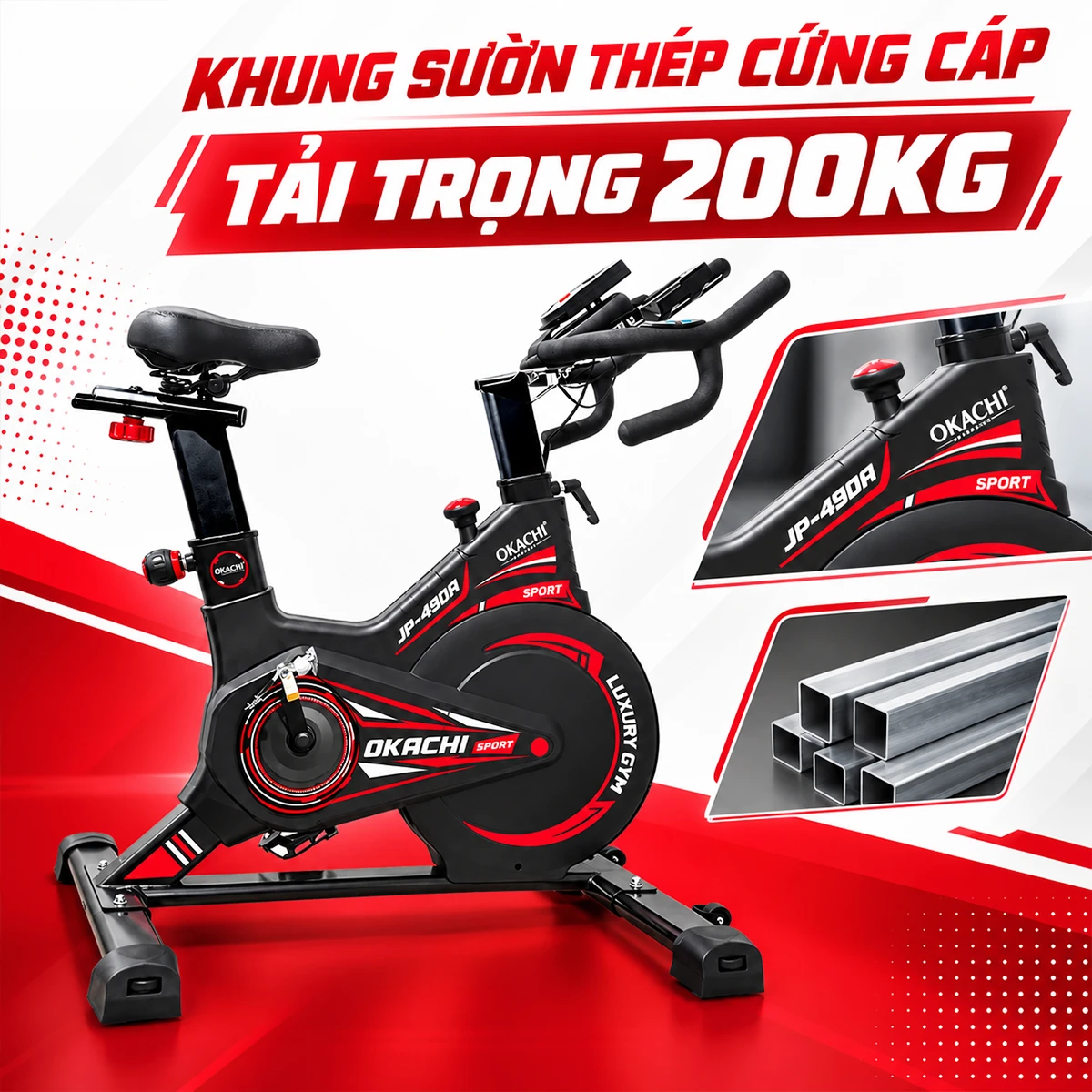 Xe đạp tập thể dục tại nhà OKACHI JP-490A (Đen Đỏ) tải trọng 200kg