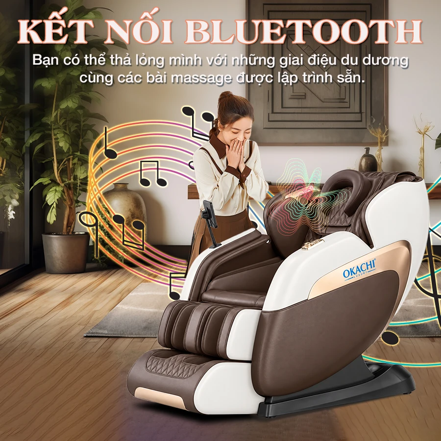 Ghế Massage Toàn Thân OKACHI LUXURY JP-388 (trắng nâu) kết nói bluetooth
