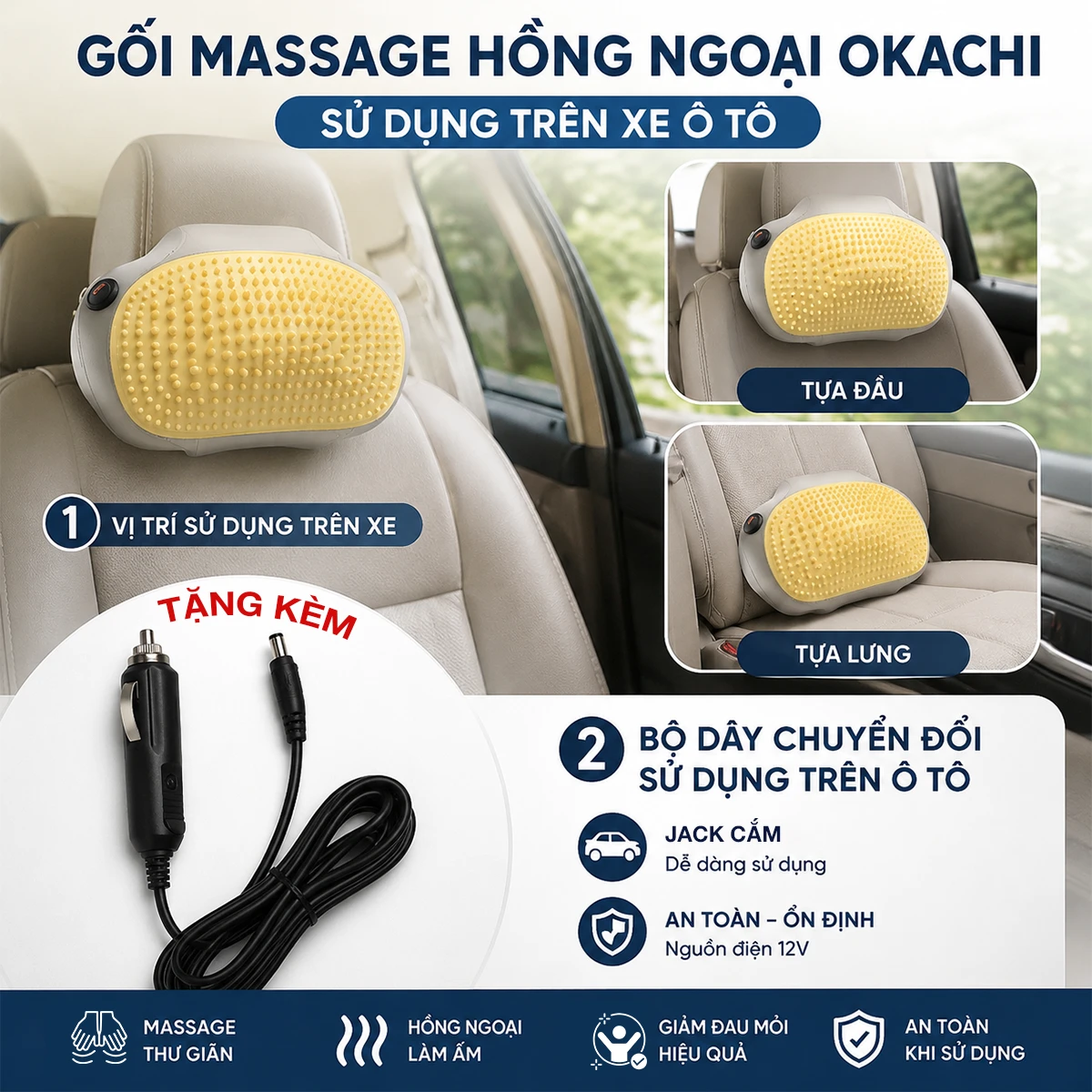Gối massage hồng ngoại đau vai cổ lưng Shiatsu OKACHI JP-568