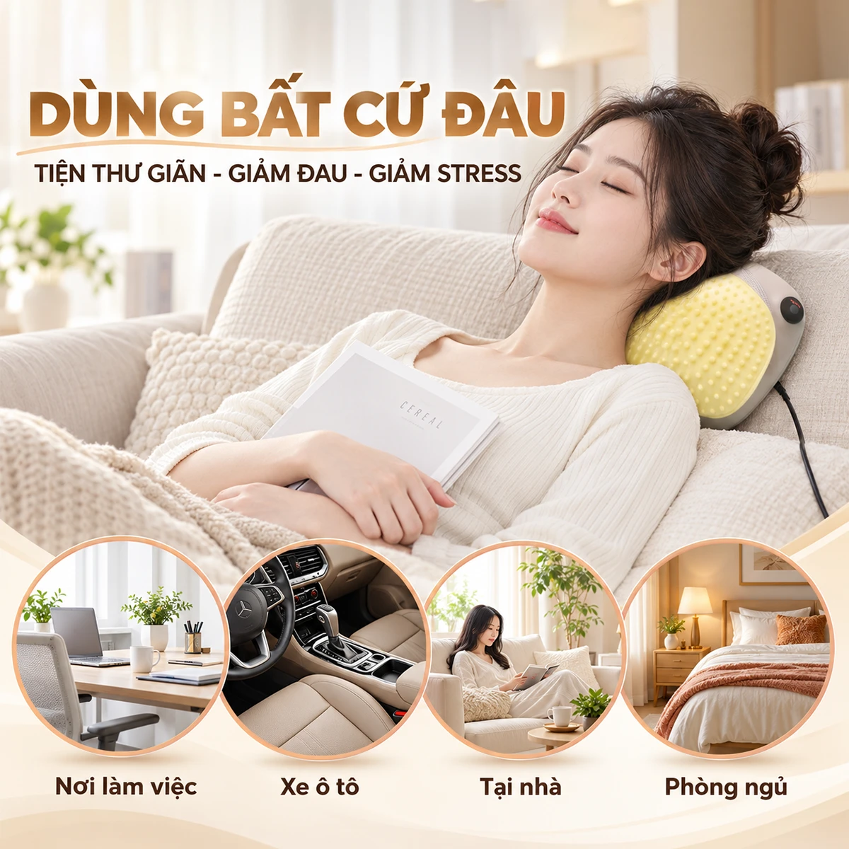 Gối massage hồng ngoại đau vai cổ lưng Shiatsu OKACHI JP-568 sử dụng bất cứ đâu