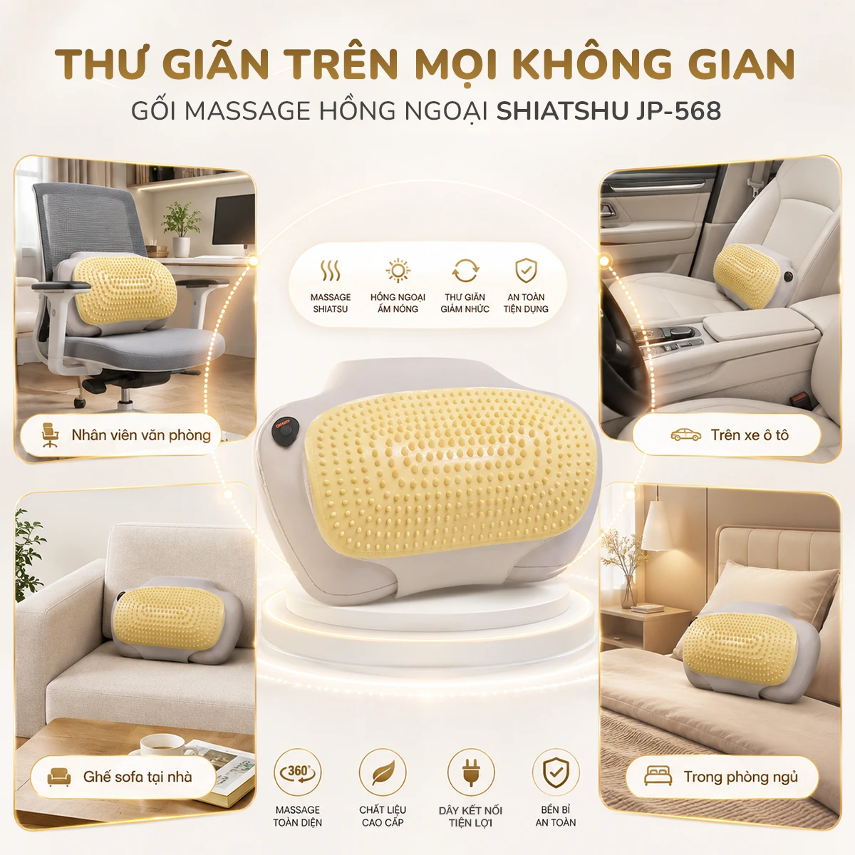 Gối massage hồng ngoại đau vai cổ lưng Shiatsu OKACHI JP-568