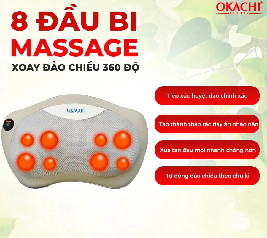 Gối massage hồng ngoại đau vai cổ lưng Shiatsu OKACHI JP-568E (Pin sạc)