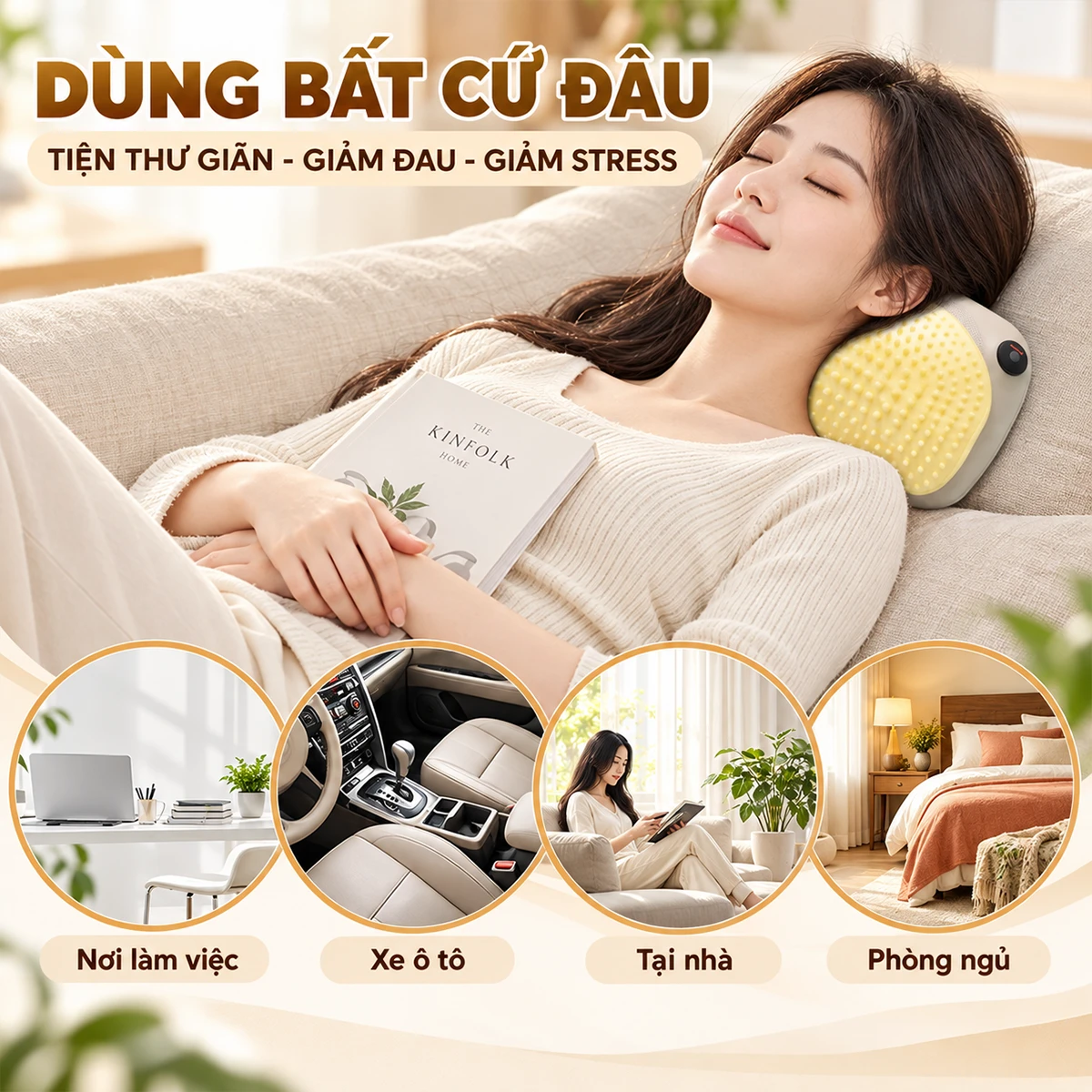 Gối massage hồng ngoại đau vai cổ lưng Shiatsu OKACHI JP-568e sử dụng bất cứ đâu