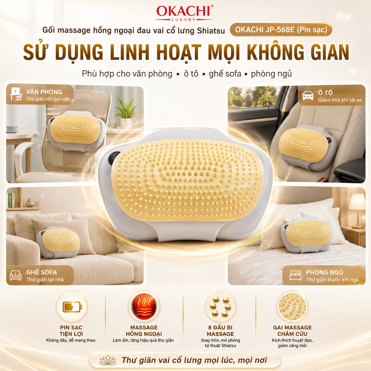 Gối massage hồng ngoại đau vai cổ lưng Shiatsu OKACHI JP-568