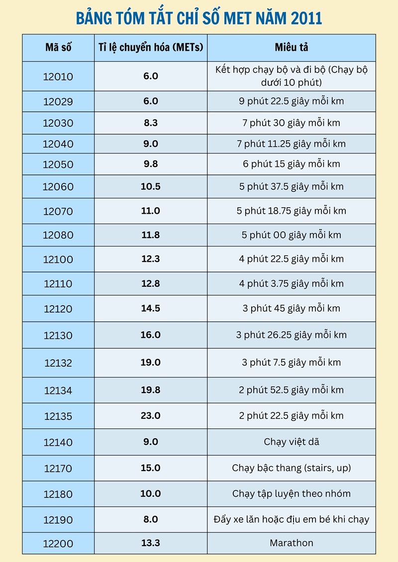 Bảng tóm tắt chỉ số MET năm 2011