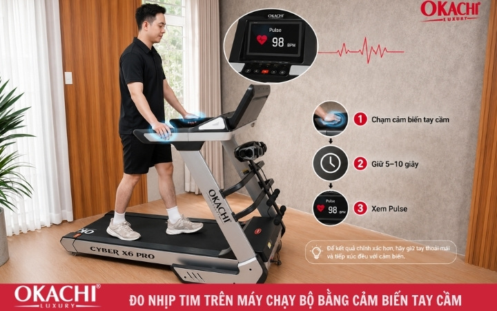 đo nhịp tim trên máy chạy bằng tay cầm