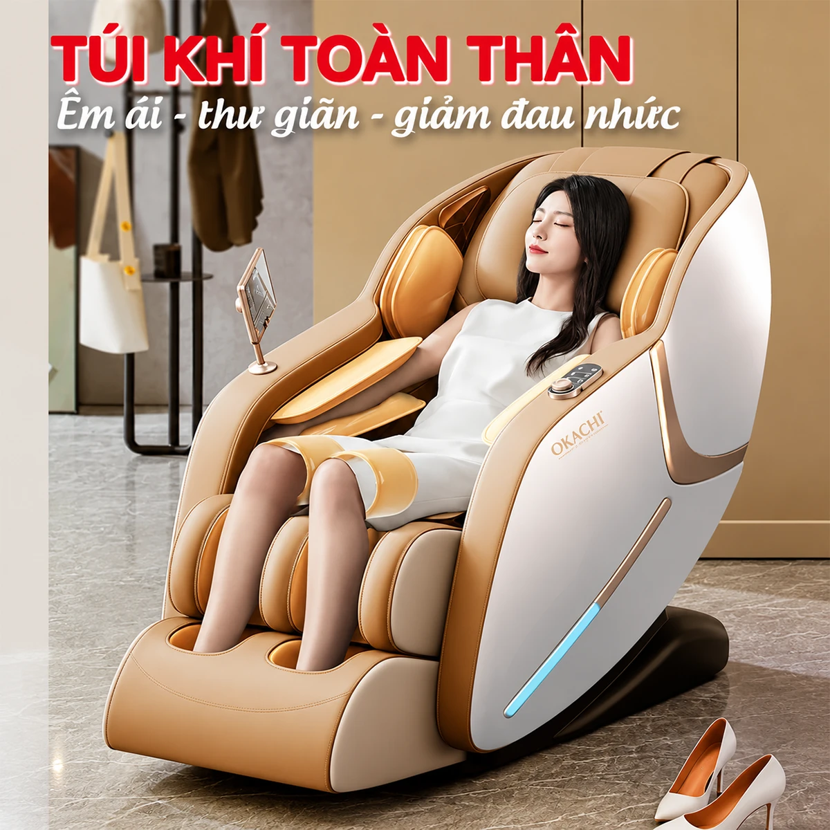 Ghế Massage Toàn Thân OKACHI LUXURY JP-368 (trắng nâu) túi khí