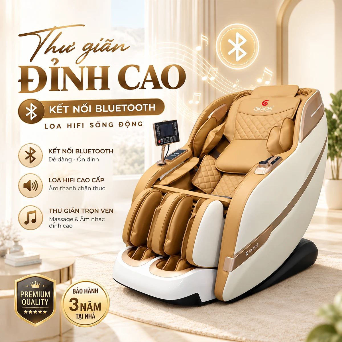 Ghế massage OKACHI JP-389A Trắng cam nghe nhạc kết nối bluetooth