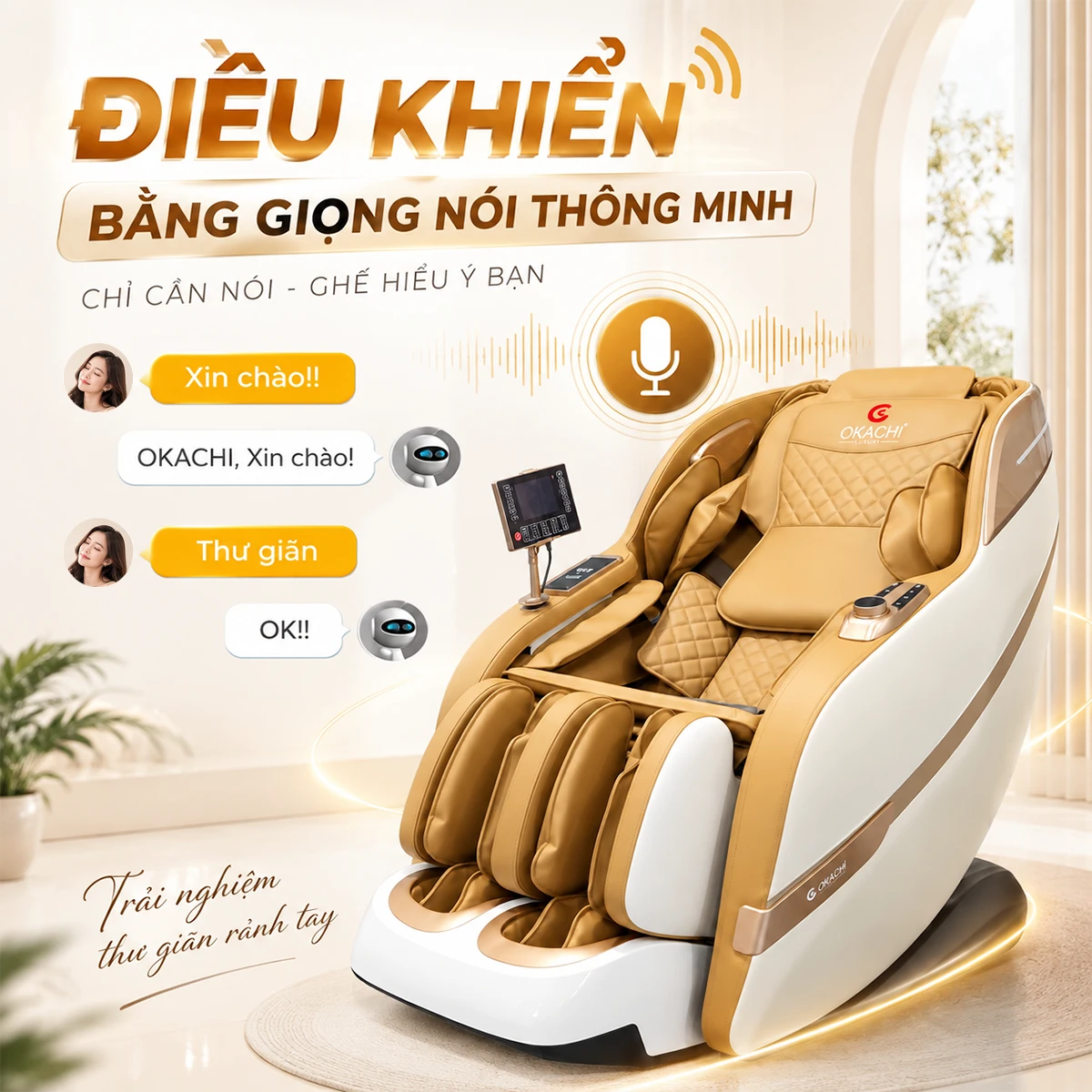 Ghế massage OKACHI JP-389A Trắng cam điều khiển giọng nói