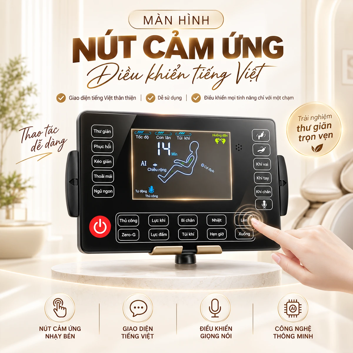 Ghế massage OKACHI JP-389A Trắng cam màn hình LCD rõ nét