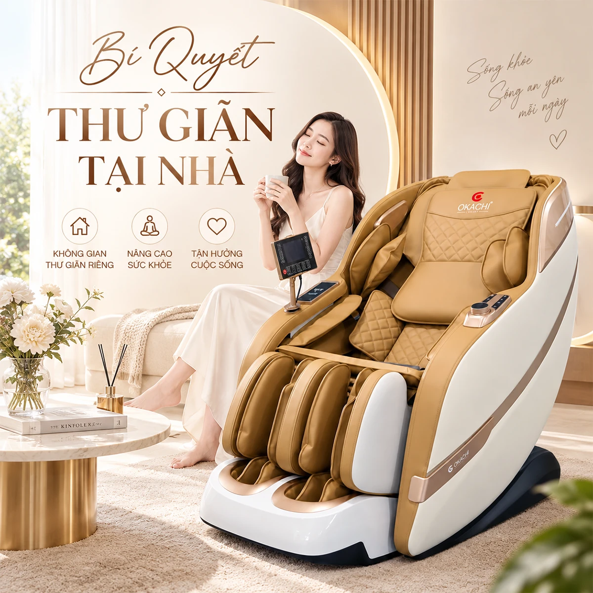 Ghế massage OKACHI JP-389A Trắng cam con lăn 4d di chuyển