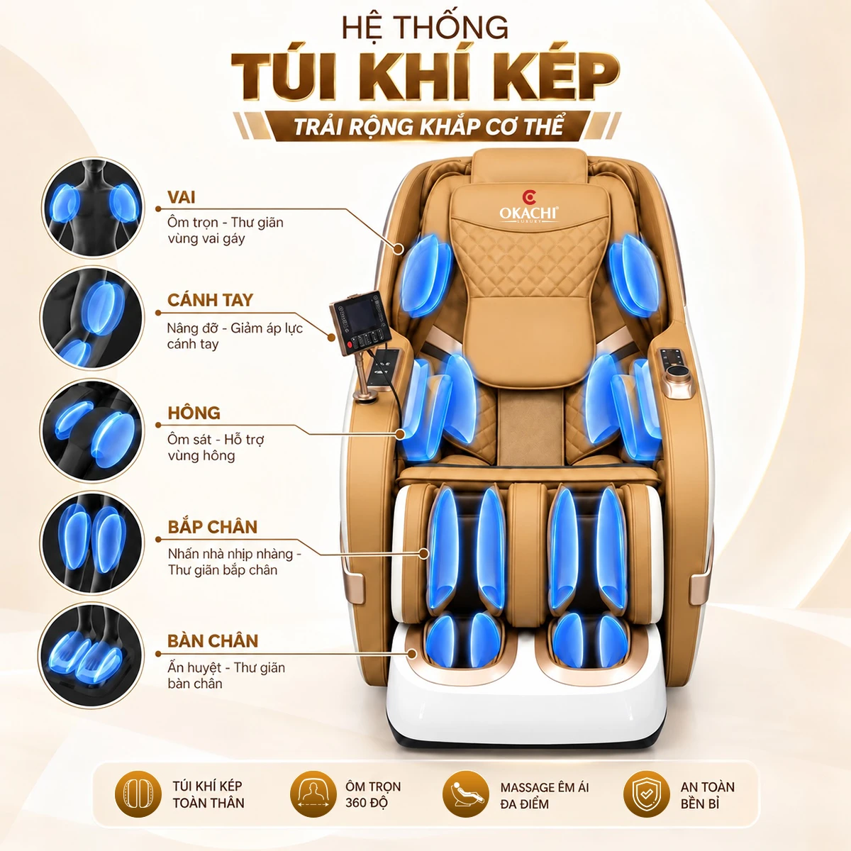 Ghế massage OKACHI JP-389A Trắng cam túi khí