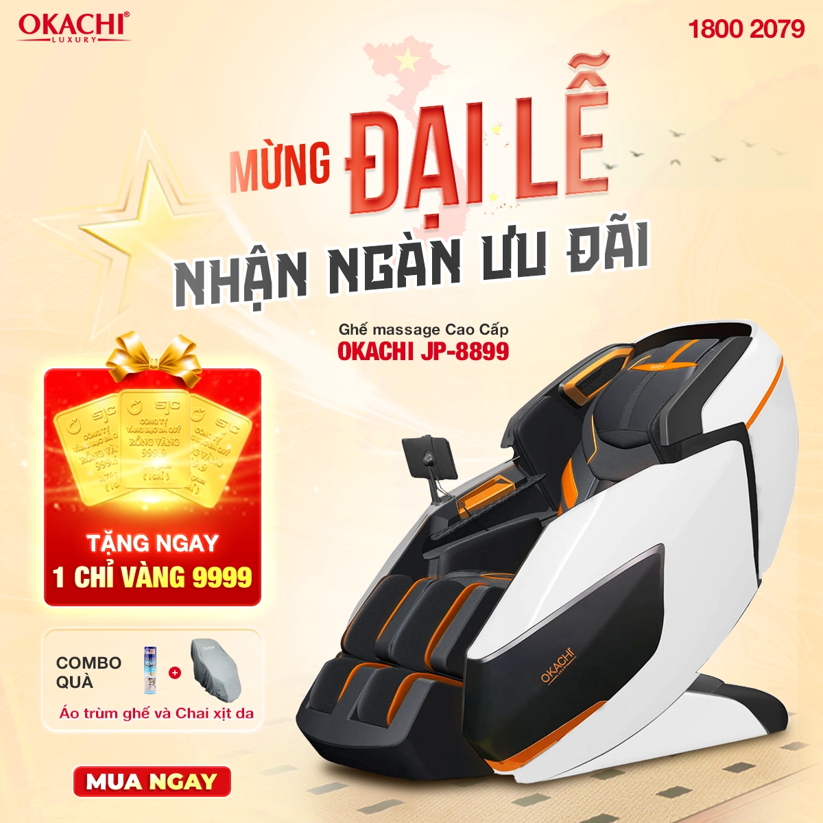 Ghế massage OKACHI JP-8899 Mừng đại lễ tặng 1 chỉ vàng 9999
