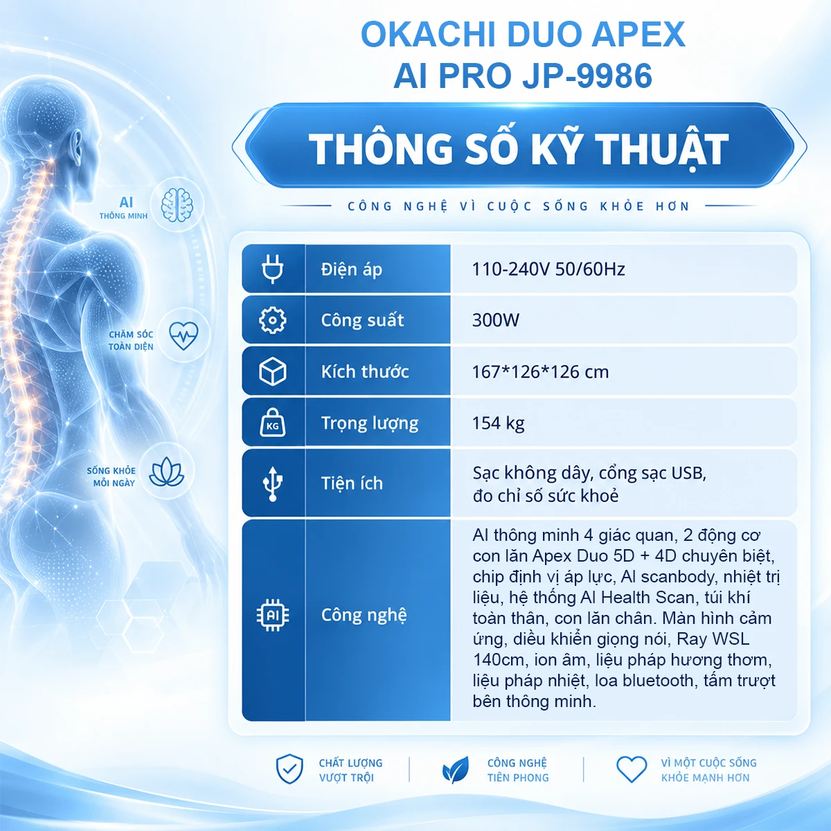 thông số kỹ thuật ghế massage OKACHI JP-9986