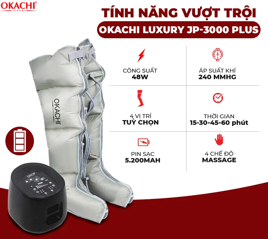 Máy nén ép TRỊ LIỆU suy giãn tĩnh mạch Okachi luxury JP-3000 Plus pin sạc