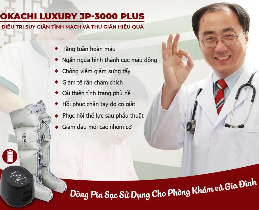Máy nén ép TRỊ LIỆU suy giãn tĩnh mạch Okachi luxury JP-3000 Plus pin sạc