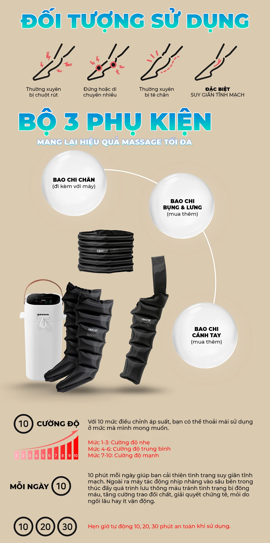 Máy massage trị liệu suy giãn tĩnh mạch OKACHI JP-3900A (6 buồng)