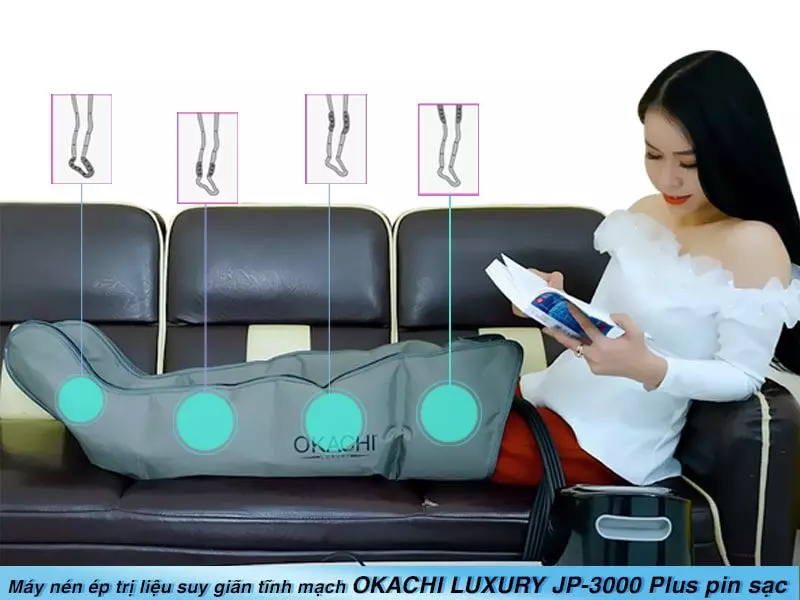 Máy nén ép trị liệu suy giãn tĩnh mạch OKACHI LUXURY JP-3000 Plus pin sạc