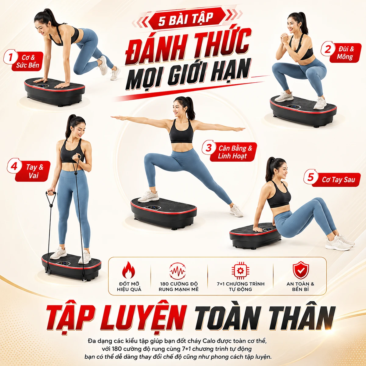 5 bài tập trên máy rung toàn thân OKACHI JP-860 đỏ