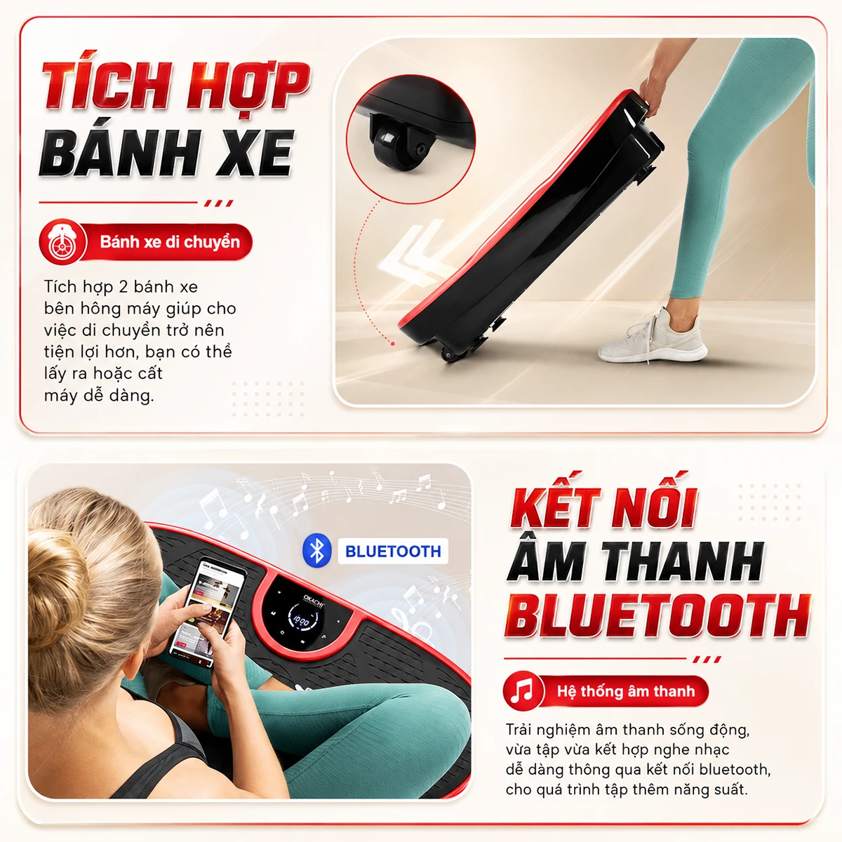 Tích hợp bánh xe di chuyển và kết nối bluetooth trên máy rung toàn thân OKACHI JP-860