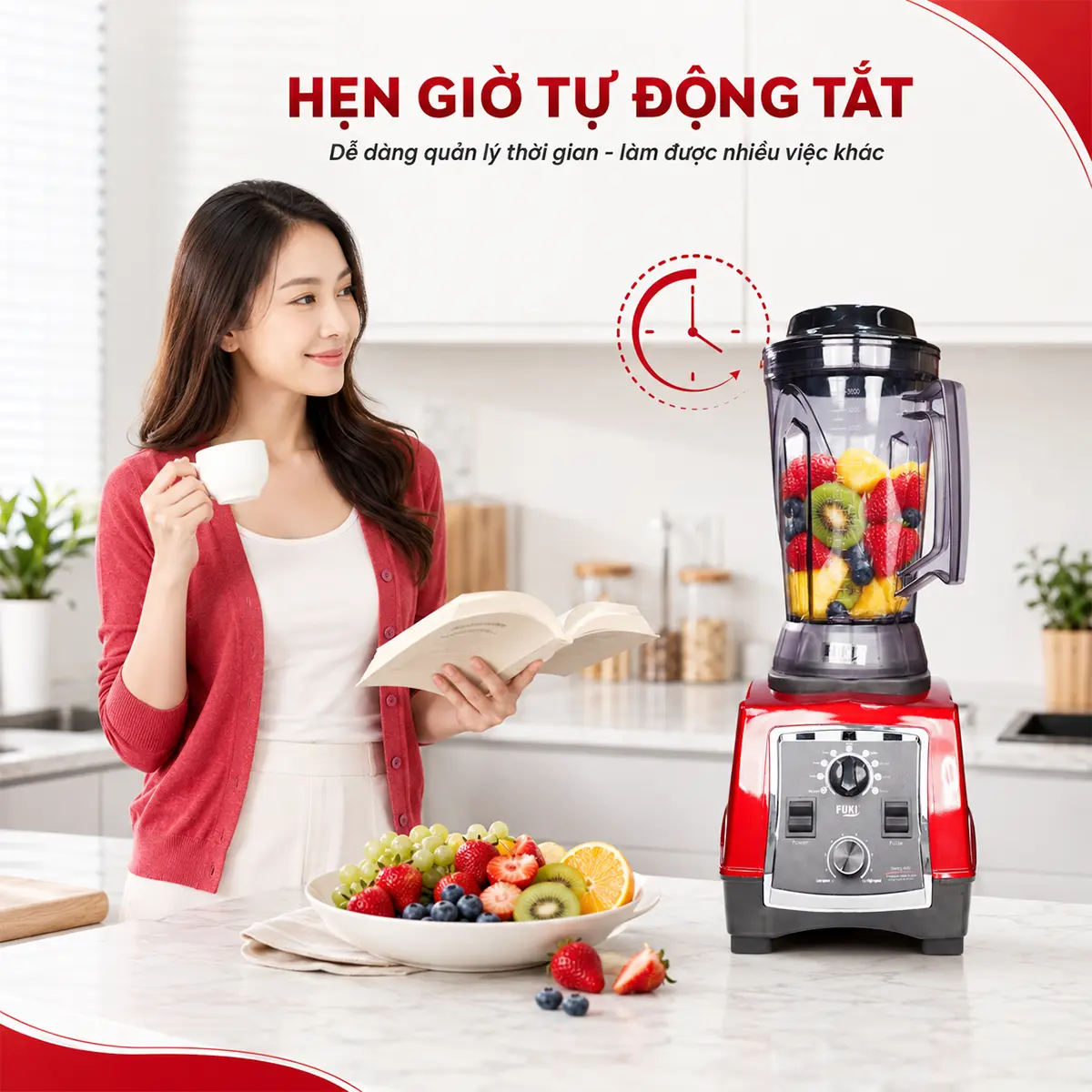 hẹn giờ tự động trên máy xay sinh tố công nghiệp fk-3000a đỏ