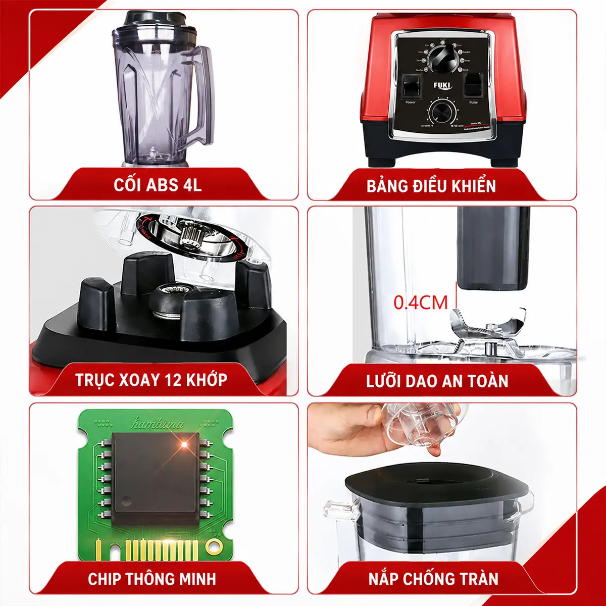 chi tiết máy xay công nghiệp fk-3000a đỏ