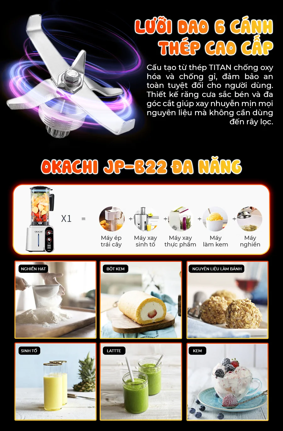 Máy xay công suất lớn OKACHI JP-B22 2200W (màu trắng)