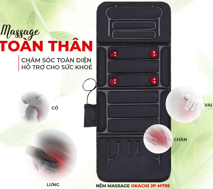 Nệm massage toàn thân nhiệt và đèn hồng ngoại OKACHI JP-M799 - màu đen